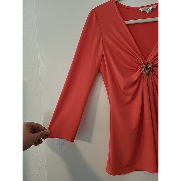 Boston Proper Top Womens M Orange Knit Blouse Star Fish Brooch V-Neck 3/4 Sleeve - Picture 4 of 8